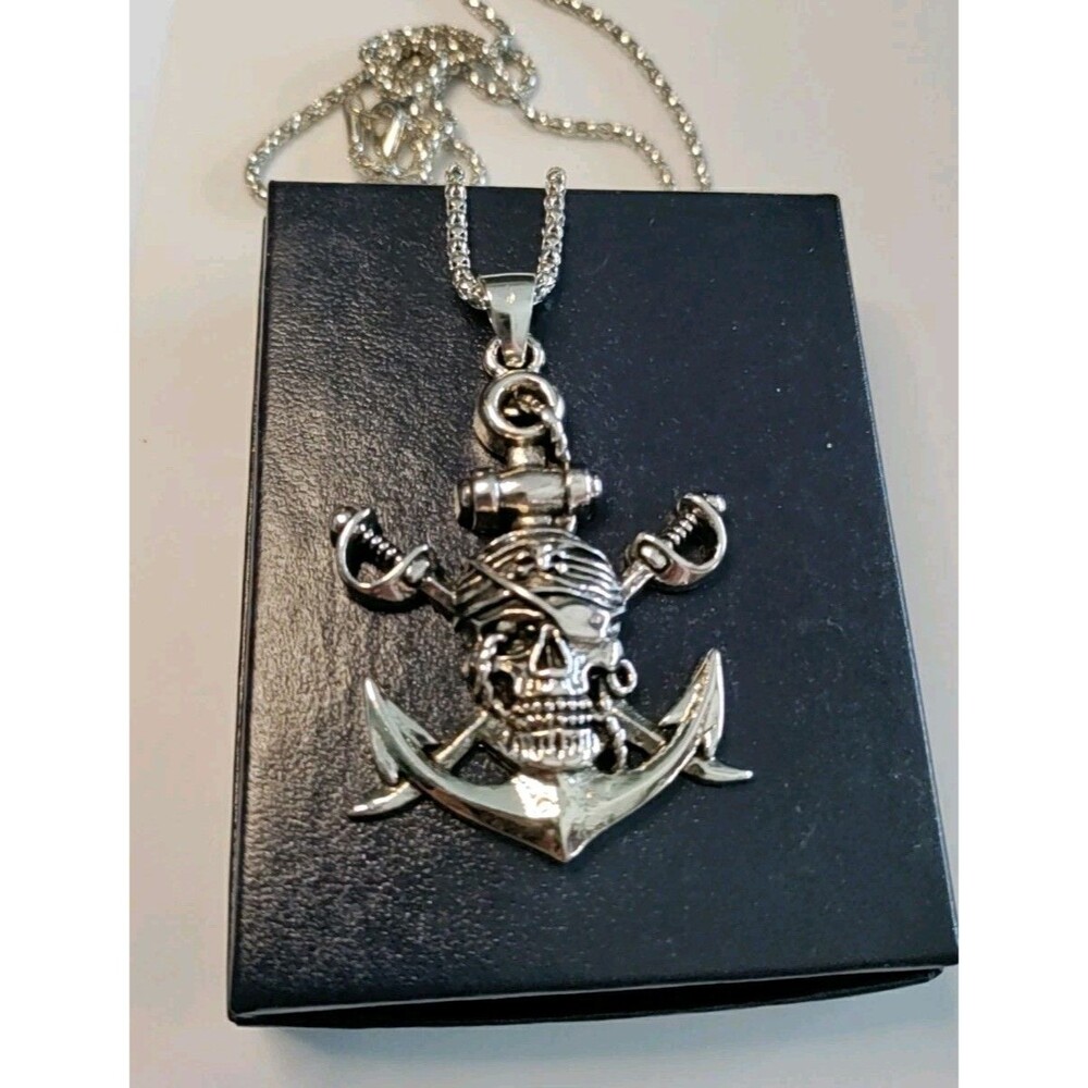 Silver Pirate Skull Anchor Pendant Necklace Men's Punk Jewelry Chain 24" Gift